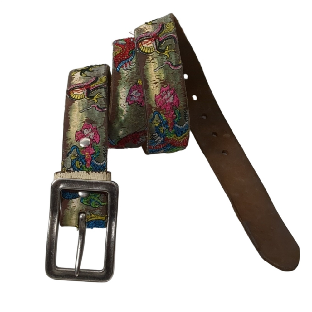Leather Island belt designed by Bill Lavin distressed with dragons.